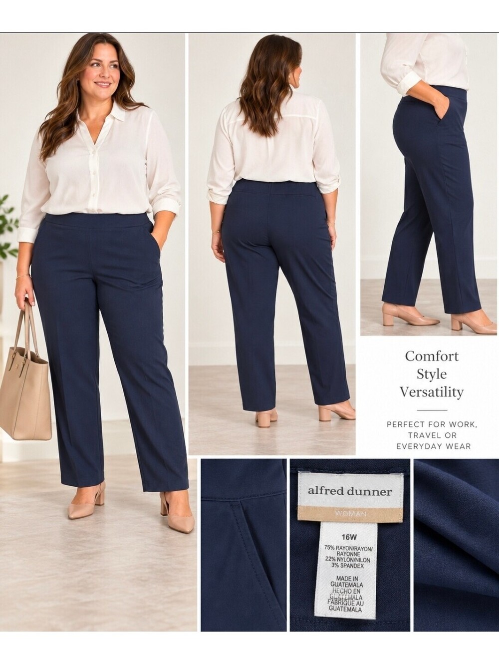 Alfred Dunner Women’s 16W Navy Blue Pull On Stretch Pants Rayon Blend
